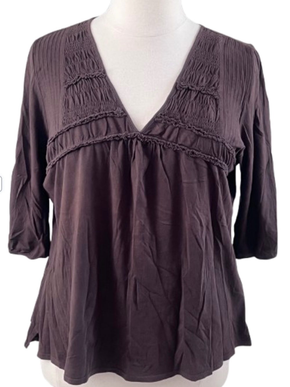 V-Neck Smocked Yoke 3/4 Sleeves Tee